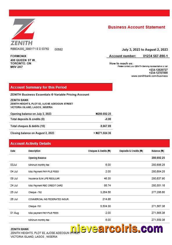 Zenith Bank business checking account statement